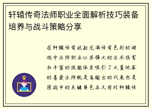 轩辕传奇法师职业全面解析技巧装备培养与战斗策略分享